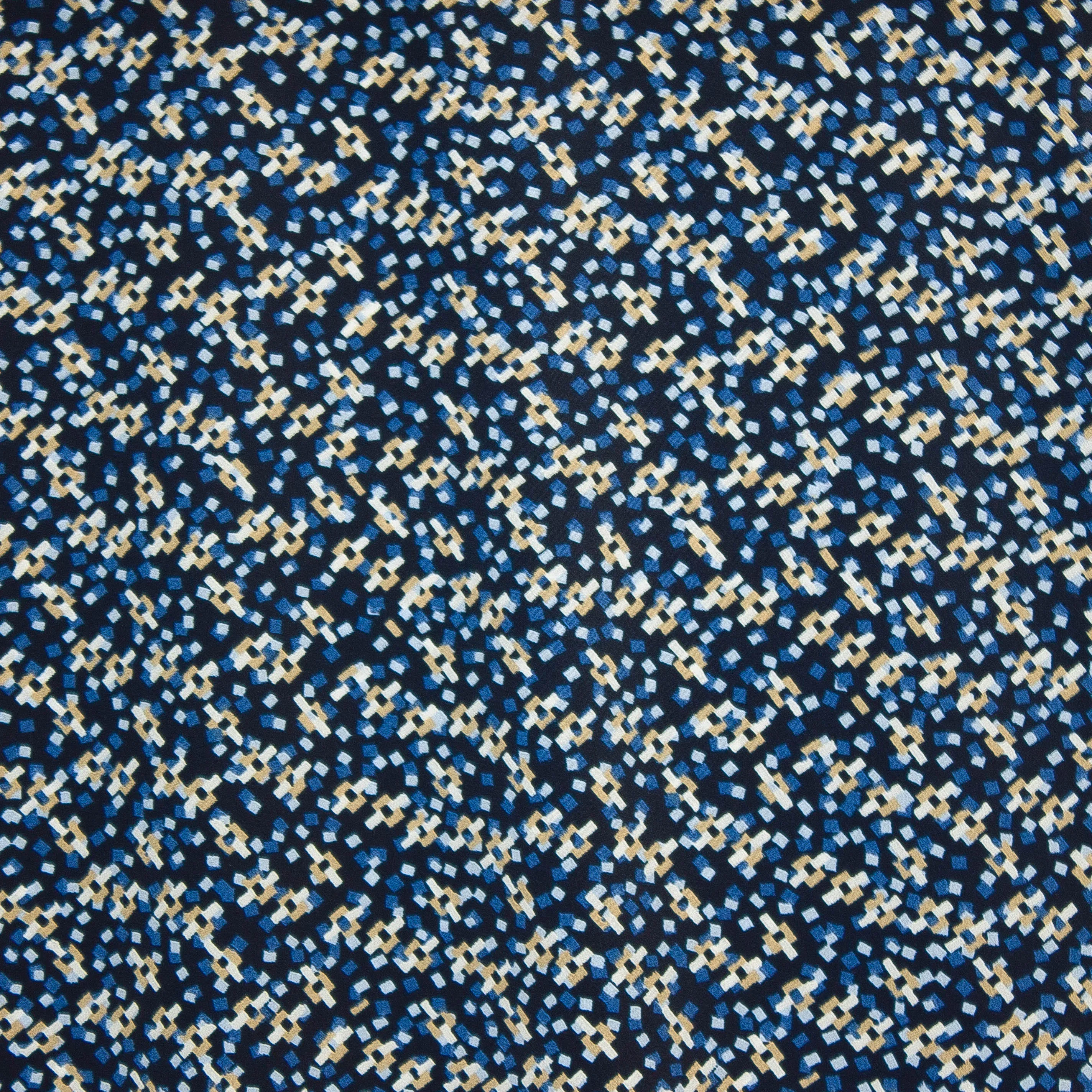 Polyester crêpe blauw met beige en licht blauwe accenten